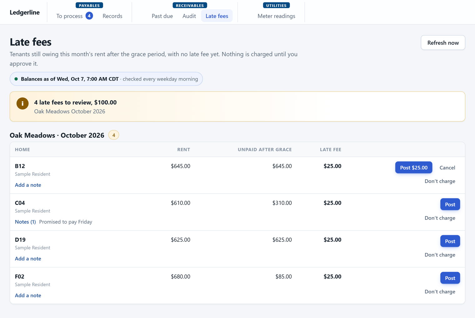 Late fees due this month, each with a Post button and a Don't charge option